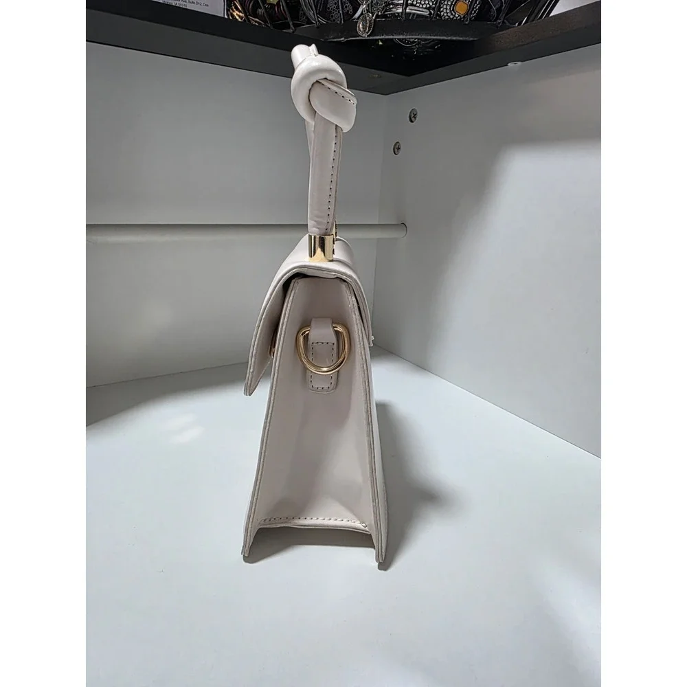 White Structured Top Handle Purse Gold Embroidered Abstract Face Chain Strap Bag